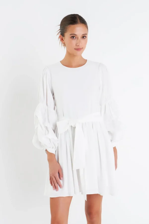 ENGLISH FACTORY White Dresses | Tops*- Cinched Puff Sleeve Belted Dress WHITE
