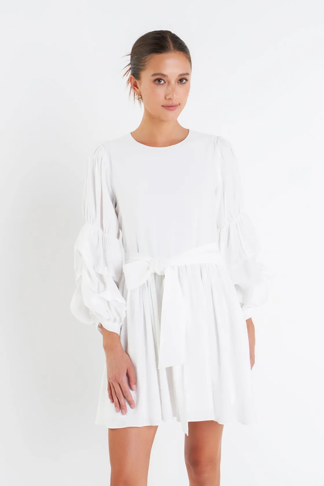 english_factory__cinched__3.webp ENGLISH FACTORY White Dresses | Tops*- Cinched Puff Sleeve Belted Dress WHITE