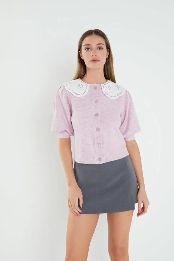 ENGLISH FACTORY Sweaters & Knits*- Collar Detail Short Puff Sleeve Cardigan