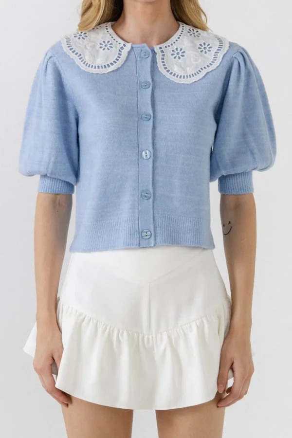 ENGLISH FACTORY Sweaters & Knits*- Collar Detail Short Puff Sleeve Cardigan