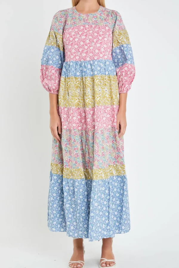 ENGLISH FACTORY Floral Dresses*- Color Block Tiered Maxi Dress MULTI