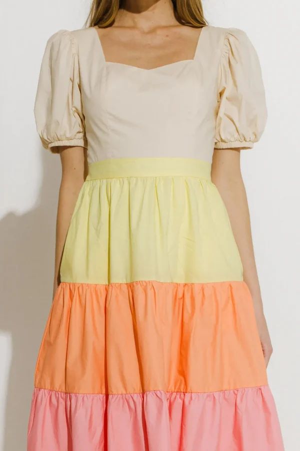 ENGLISH FACTORY Puff Sleeve*- Color Block Midi Dress MULTI