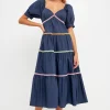 ENGLISH FACTORY Puff Sleeve | Tops*- Color Block Trim Midi Dress NAVY