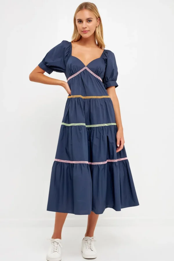 ENGLISH FACTORY Puff Sleeve | Tops*- Color Block Trim Midi Dress NAVY