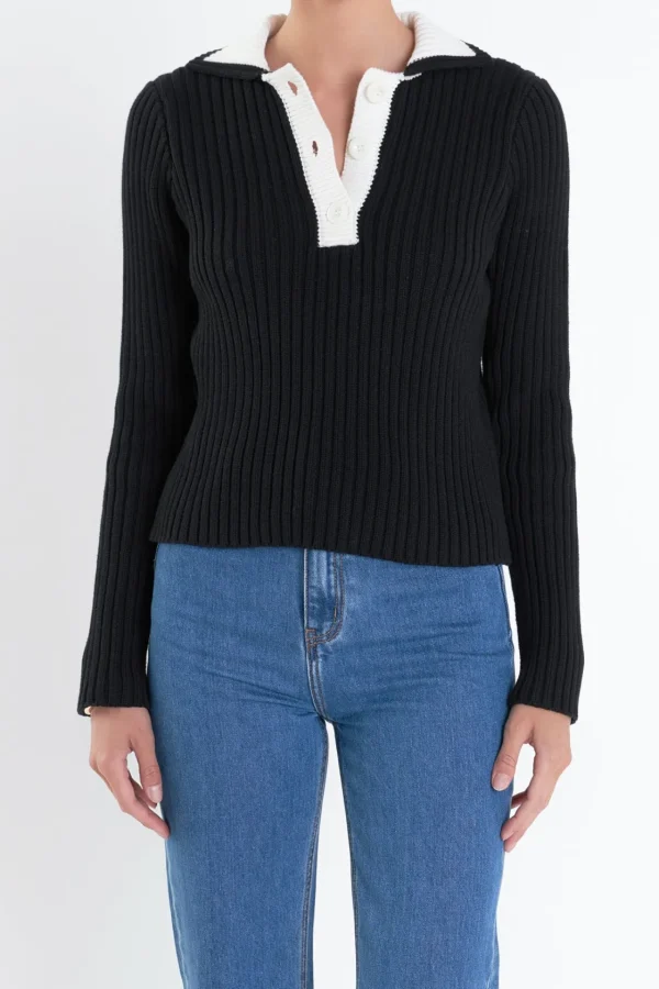 ENGLISH FACTORY Tops*- Color Block Polo Knit in BLACK