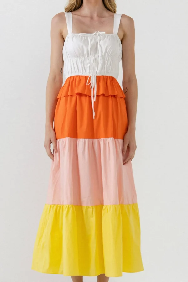 ENGLISH FACTORY Tops*- Color Block Tied Detail Shirring Dress MULTI
