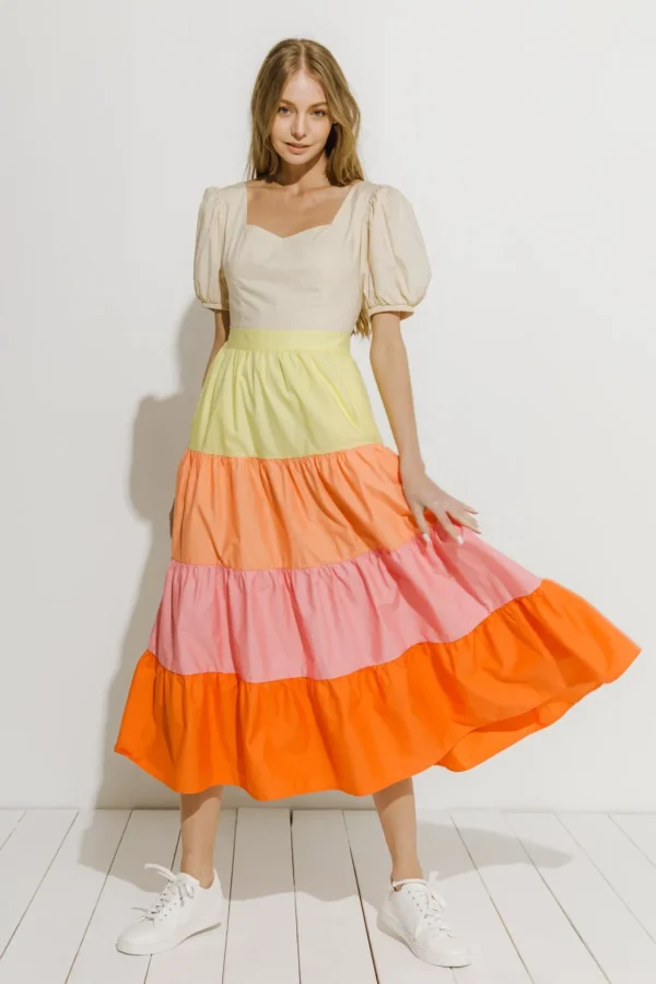 ENGLISH FACTORY Puff Sleeve*- Color Block Midi Dress MULTI
