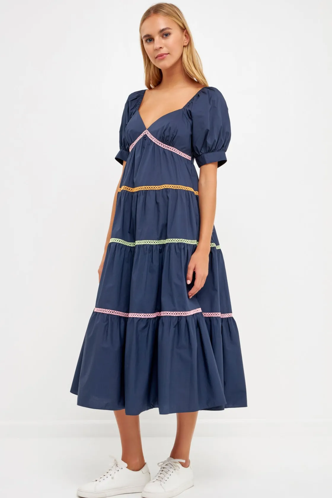 english_factory__color_bl_1-22.webp ENGLISH FACTORY Puff Sleeve | Tops*- Color Block Trim Midi Dress NAVY