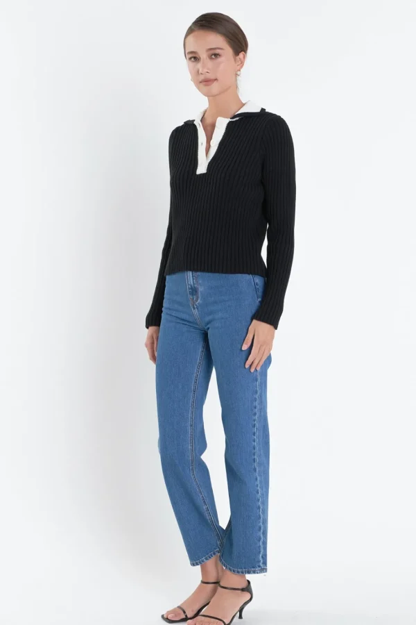 ENGLISH FACTORY Tops*- Color Block Polo Knit in BLACK