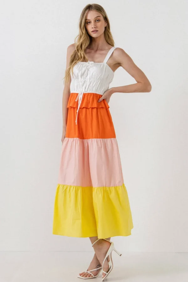 ENGLISH FACTORY Tops*- Color Block Tied Detail Shirring Dress MULTI