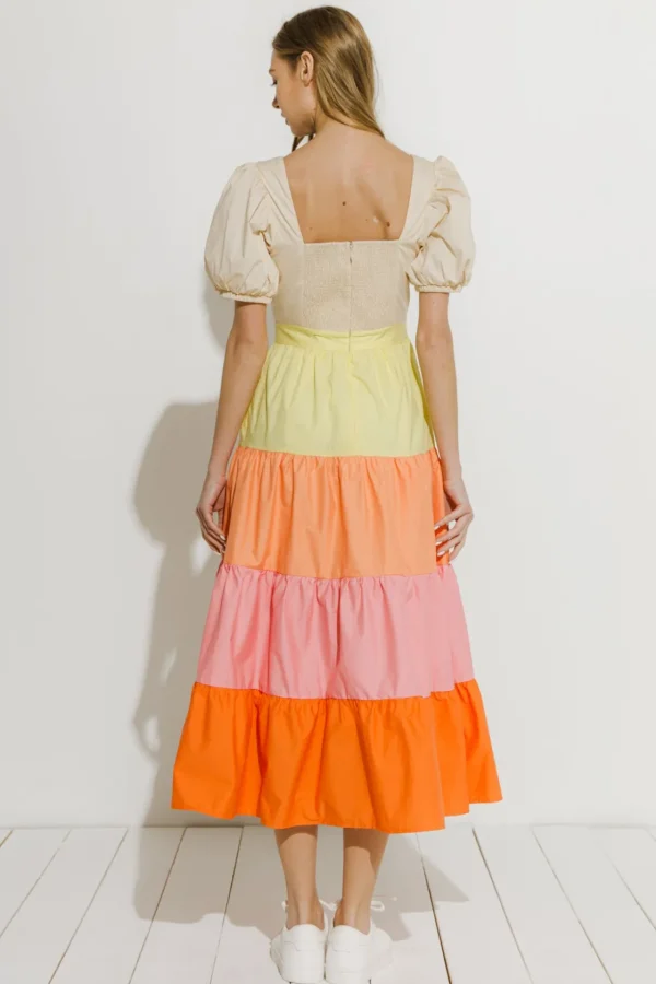 ENGLISH FACTORY Puff Sleeve*- Color Block Midi Dress MULTI
