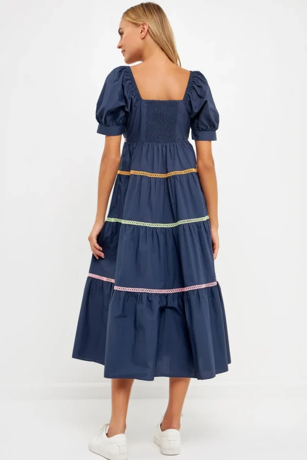 ENGLISH FACTORY Puff Sleeve | Tops*- Color Block Trim Midi Dress NAVY
