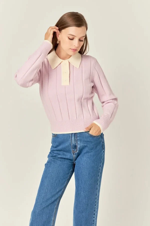 ENGLISH FACTORY Sweaters & Knits | Tops*- Color Block Polo Knit PINK/OFFWHITE