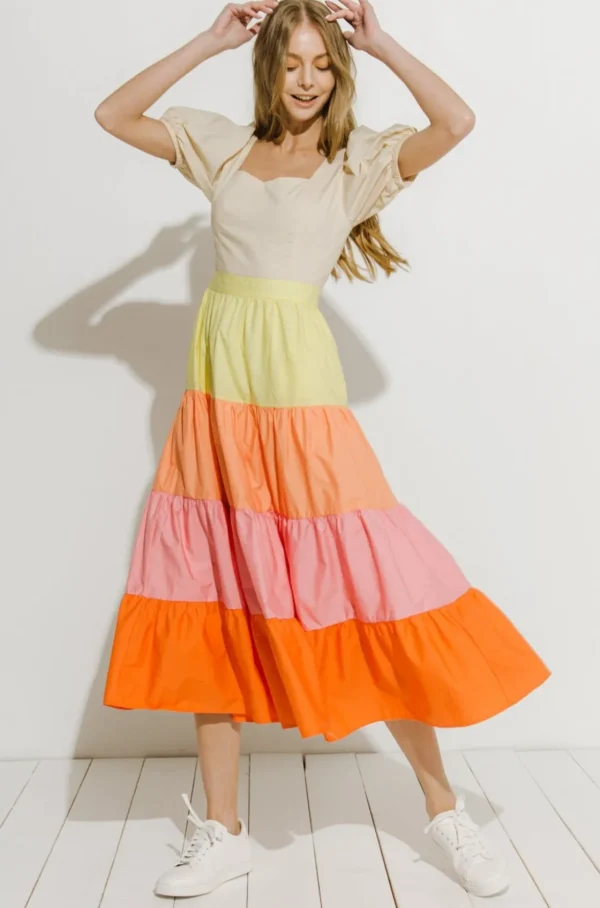 ENGLISH FACTORY Puff Sleeve*- Color Block Midi Dress MULTI