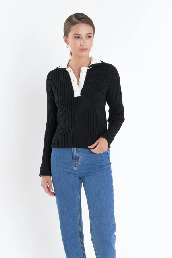 ENGLISH FACTORY Tops*- Color Block Polo Knit in BLACK