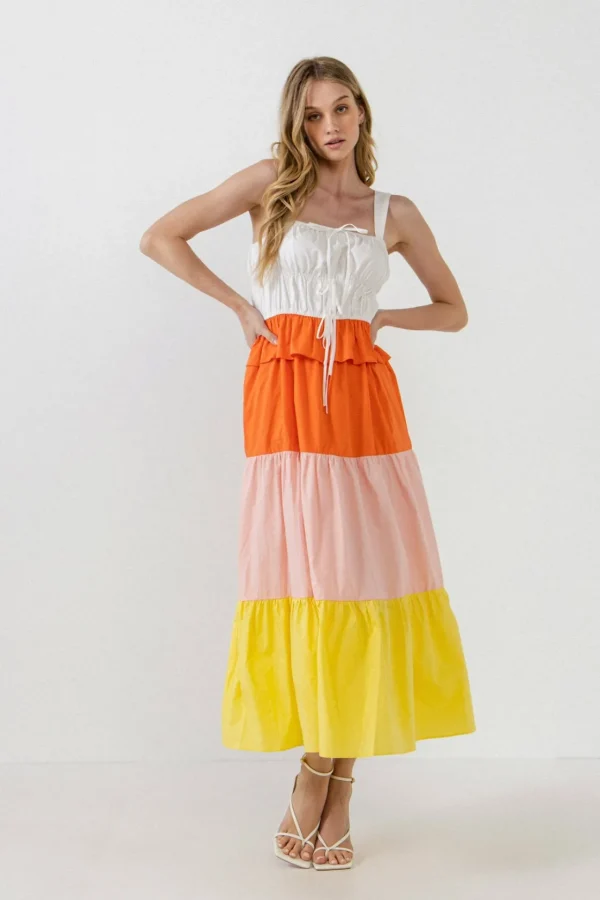 ENGLISH FACTORY Tops*- Color Block Tied Detail Shirring Dress MULTI