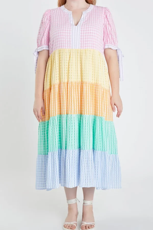 ENGLISH FACTORY Tops*- Colorblock Bow Tie Sleeve Maxi Dress MULTI