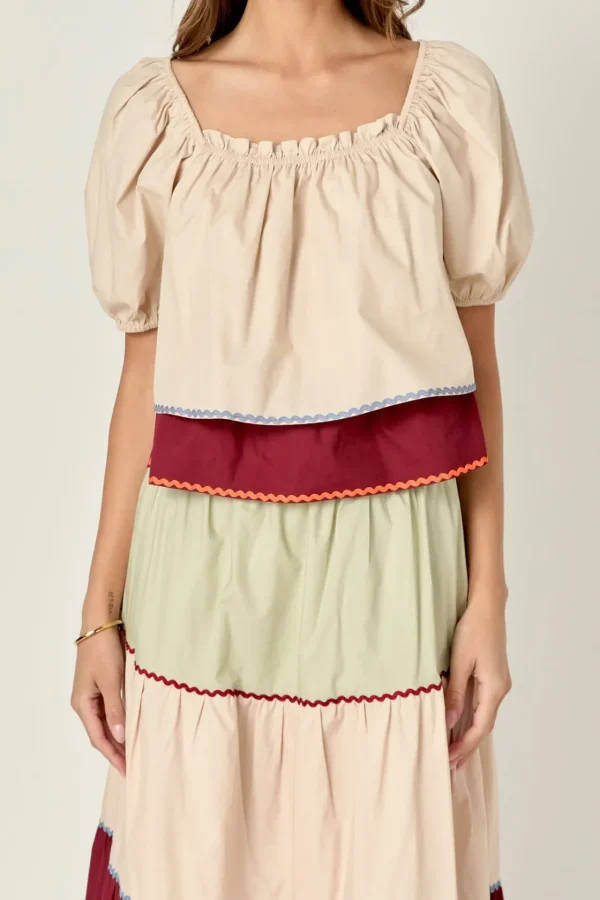ENGLISH FACTORY Matching Sets | Tops*- Colorblock Rickrack Trim Puff Sleeve Top MULTI