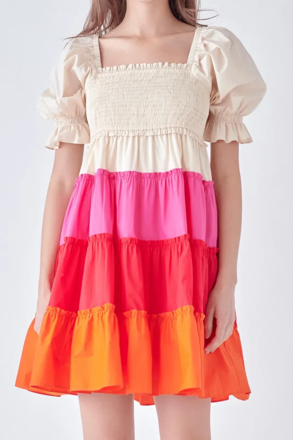 ENGLISH FACTORY Puff Sleeve | Tops*- Colorblock Smocked Puff Sleeve Mini MULTI