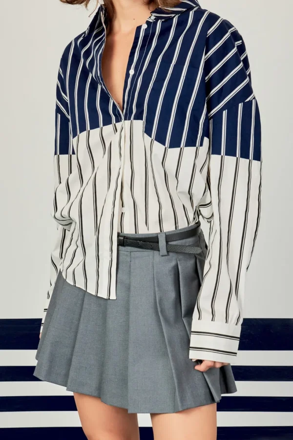 ENGLISH FACTORY Tops*- Colorblock Stripe Shirt NAVY/WHITE