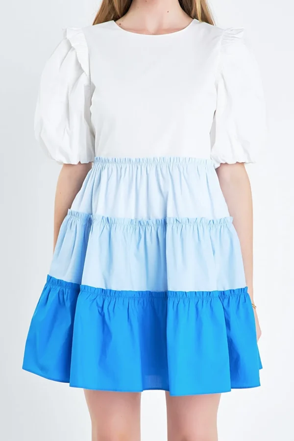 ENGLISH FACTORY Puff Sleeve | Tops*- Colorblock Multi Tiered Ruffled Mini Dress BLUE