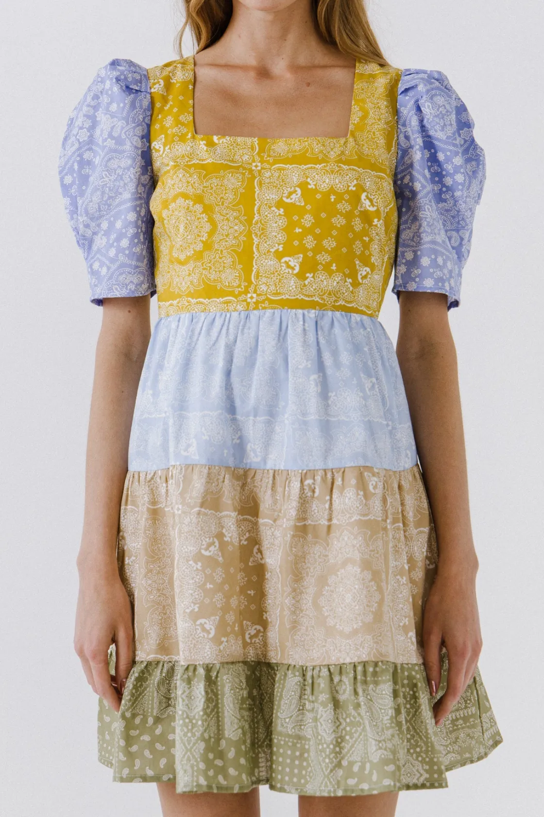 english_factory__colorblo_0-21.webp ENGLISH FACTORY Puff Sleeve | Tops*- Colorblock Paisley Mini Dress MULTI