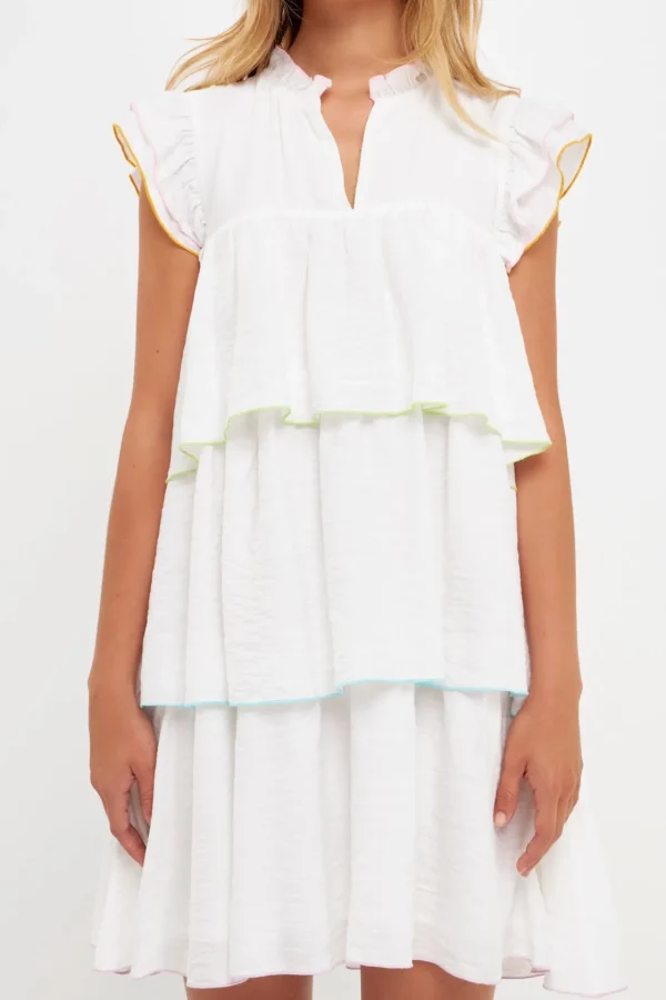 ENGLISH FACTORY Boho Dresses | White Dresses*- Colorblock Edge Tiered Mini Dress WHITEMULTI