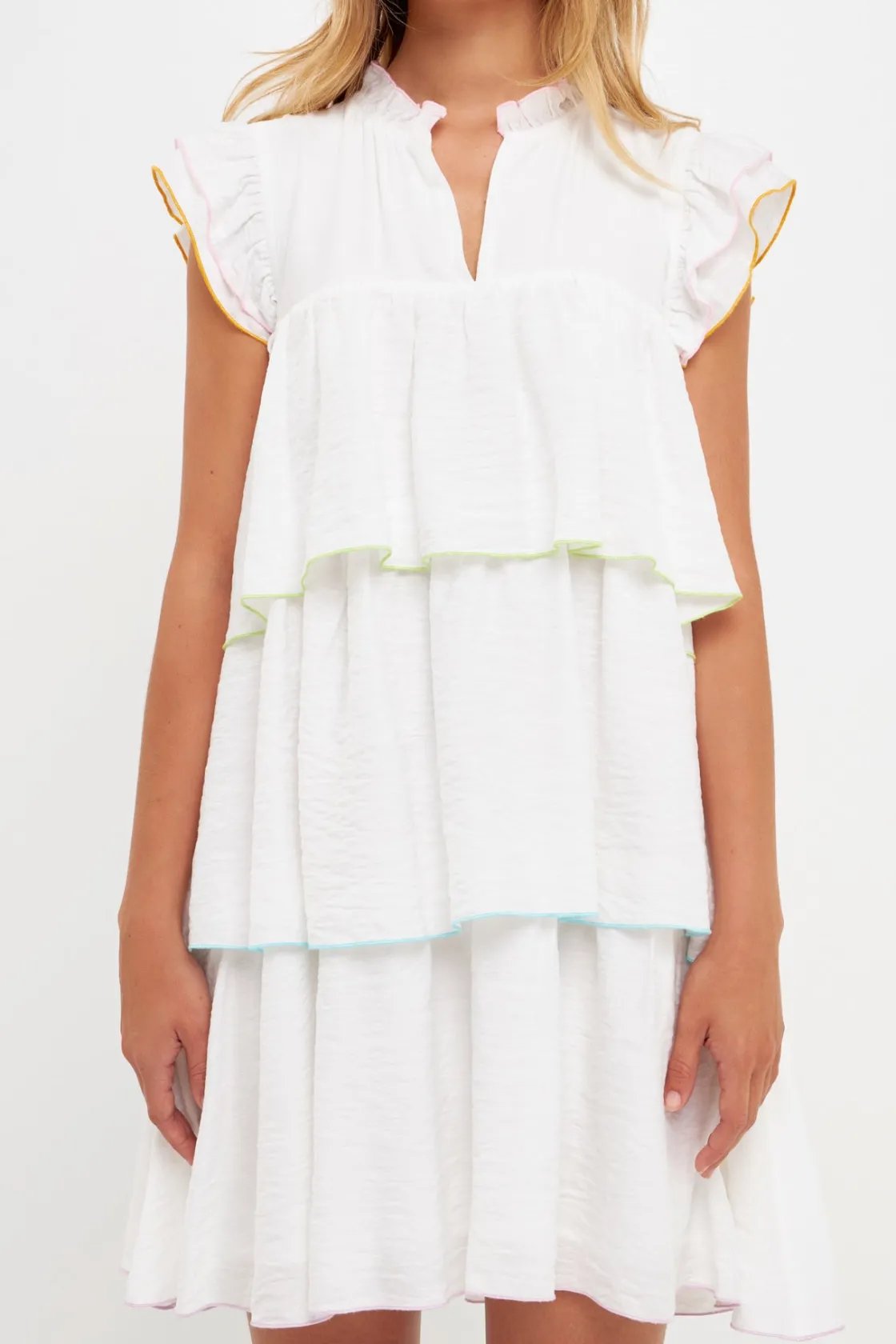 english_factory__colorblo_0-22.webp ENGLISH FACTORY Boho Dresses | White Dresses*- Colorblock Edge Tiered Mini Dress WHITEMULTI
