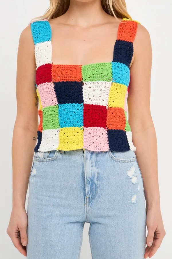 ENGLISH FACTORY Tops*- Colorblock Crochet Tank Top MULTI