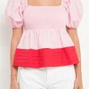 ENGLISH FACTORY Tops*- Colorblock Smocked Top PINK/RED
