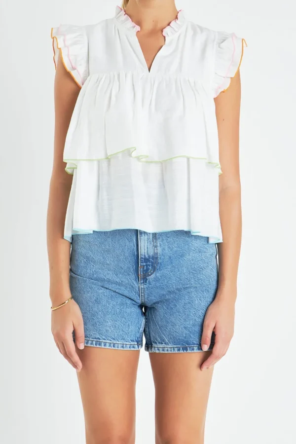 ENGLISH FACTORY Tops*- Colorblock Edge Tiered Top WHITEMULTI
