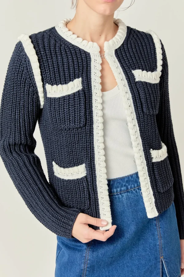 ENGLISH FACTORY Jackets & Coats | Tops*- Colorblock Braided Cardigan NAVY/WHITE