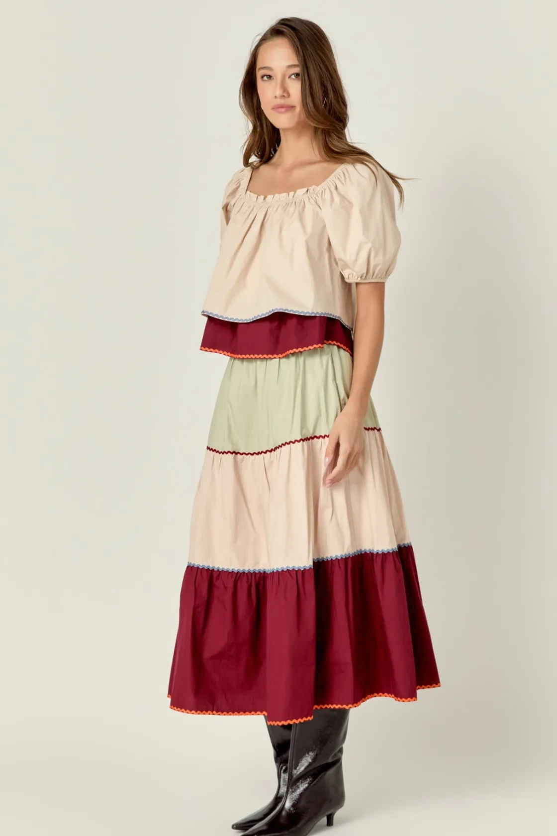english_factory__colorblo_1-14.webp ENGLISH FACTORY Matching Sets | Tops*- Colorblock Rickrack Trim Puff Sleeve Top MULTI