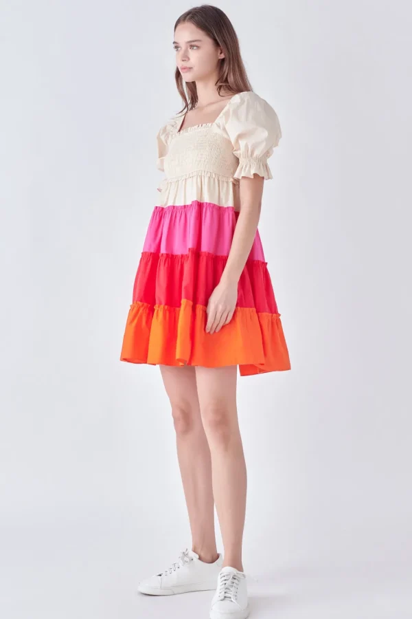 ENGLISH FACTORY Puff Sleeve | Tops*- Colorblock Smocked Puff Sleeve Mini MULTI
