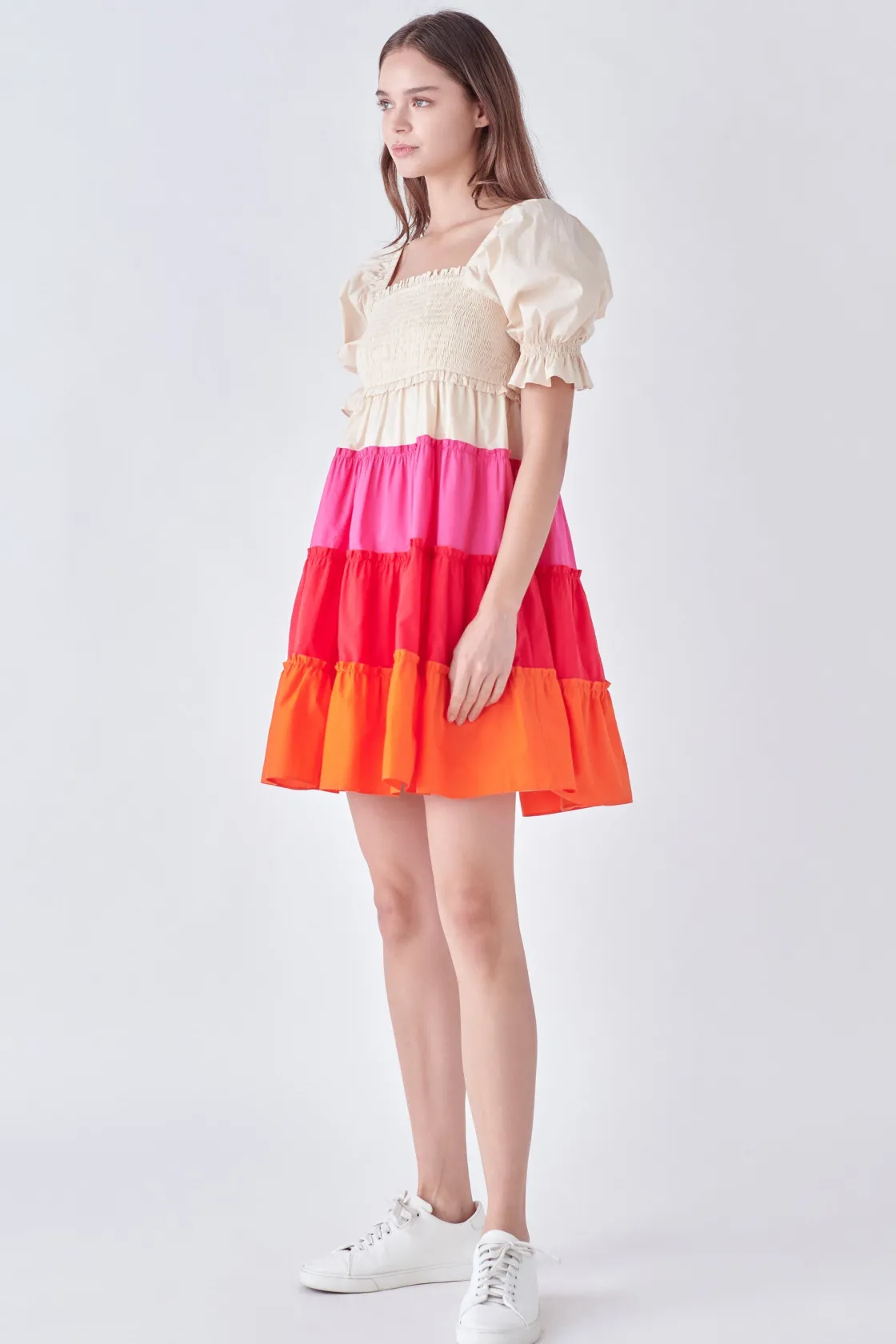 english_factory__colorblo_1-19.webp ENGLISH FACTORY Puff Sleeve | Tops*- Colorblock Smocked Puff Sleeve Mini MULTI