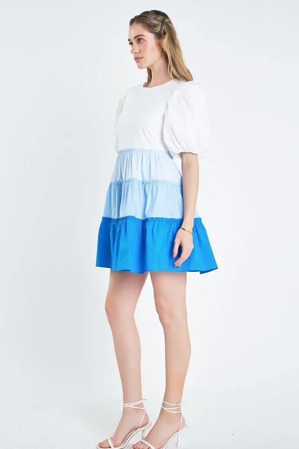ENGLISH FACTORY Puff Sleeve | Tops*- Colorblock Multi Tiered Ruffled Mini Dress BLUE