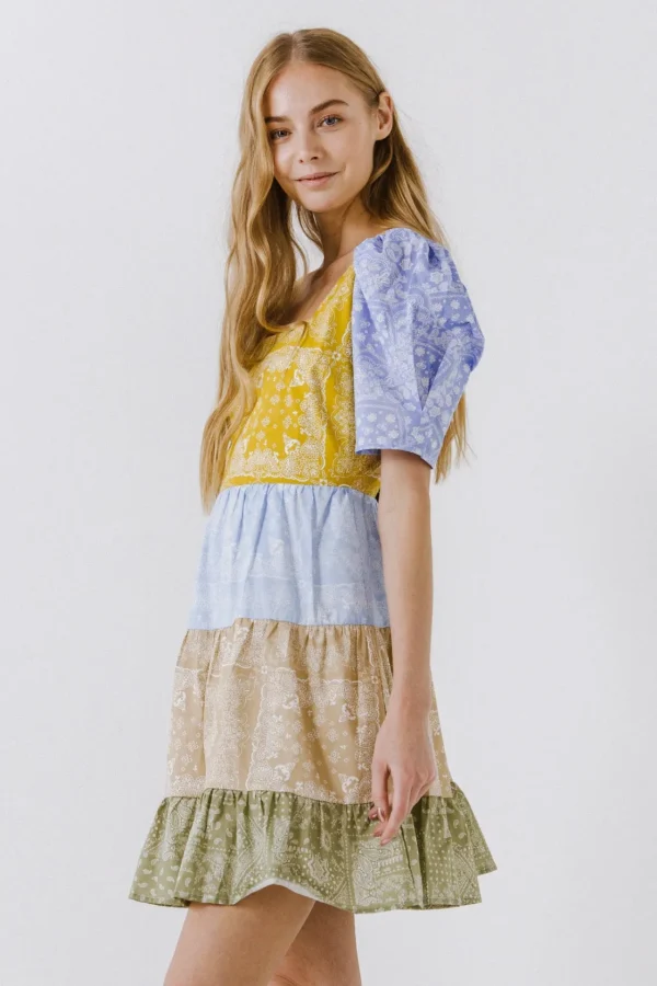 ENGLISH FACTORY Puff Sleeve | Tops*- Colorblock Paisley Mini Dress MULTI