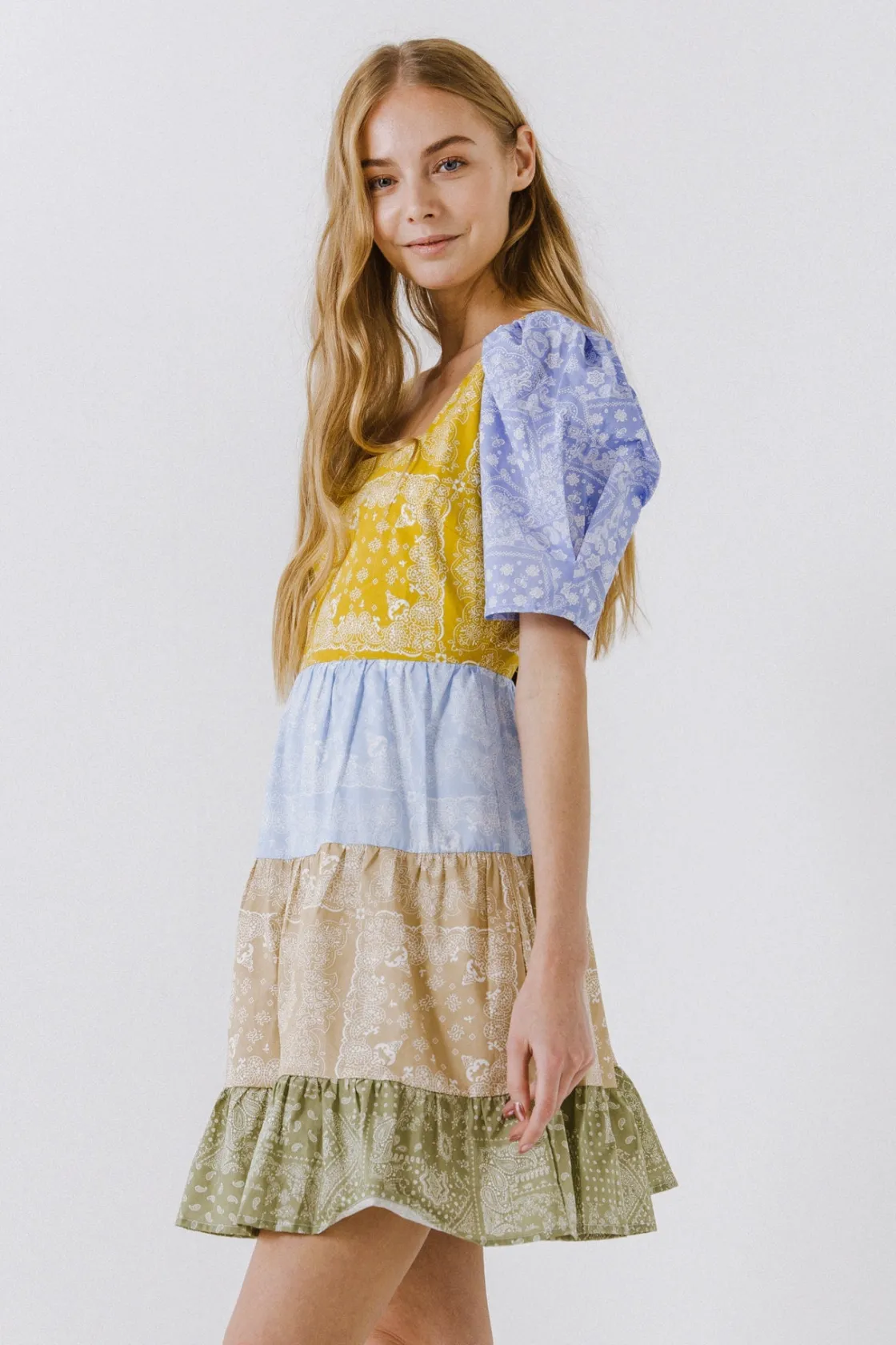 english_factory__colorblo_1-21.webp ENGLISH FACTORY Puff Sleeve | Tops*- Colorblock Paisley Mini Dress MULTI