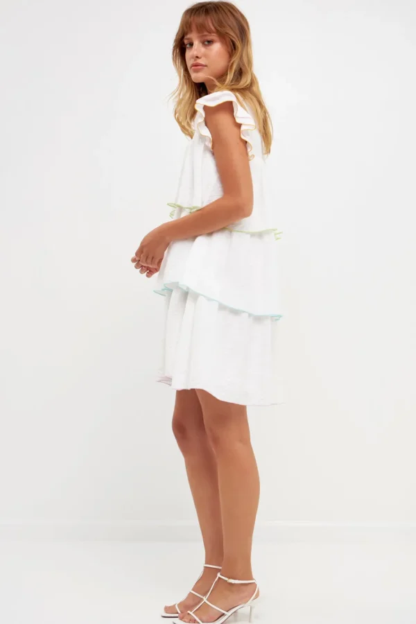 ENGLISH FACTORY Boho Dresses | White Dresses*- Colorblock Edge Tiered Mini Dress WHITEMULTI