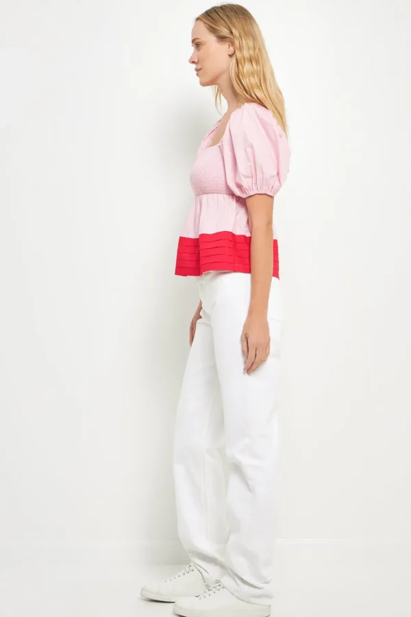 ENGLISH FACTORY Tops*- Colorblock Smocked Top PINK/RED