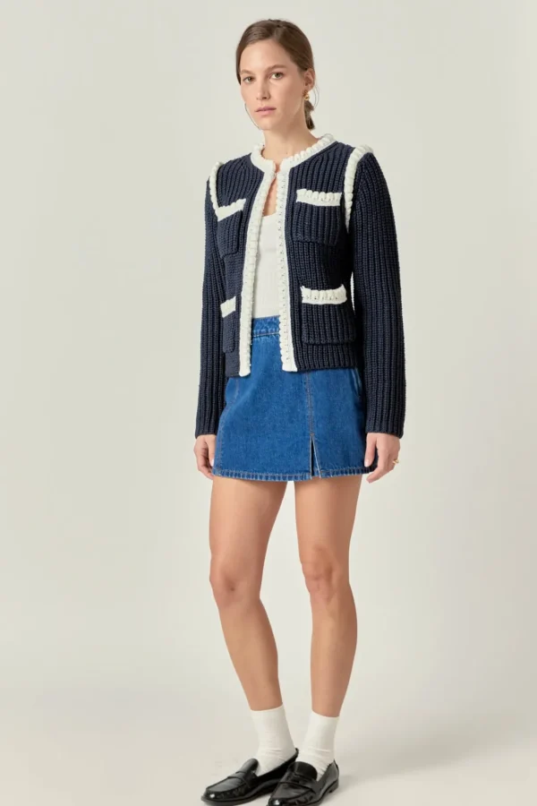 ENGLISH FACTORY Jackets & Coats | Tops*- Colorblock Braided Cardigan NAVY/WHITE