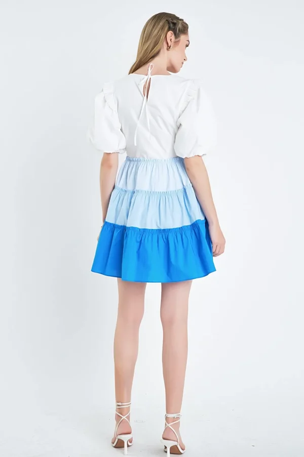 ENGLISH FACTORY Puff Sleeve | Tops*- Colorblock Multi Tiered Ruffled Mini Dress BLUE