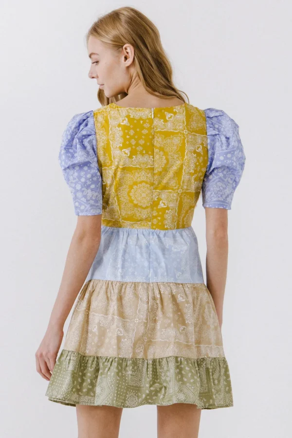 ENGLISH FACTORY Puff Sleeve | Tops*- Colorblock Paisley Mini Dress MULTI
