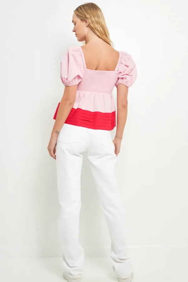 ENGLISH FACTORY Tops*- Colorblock Smocked Top PINK/RED