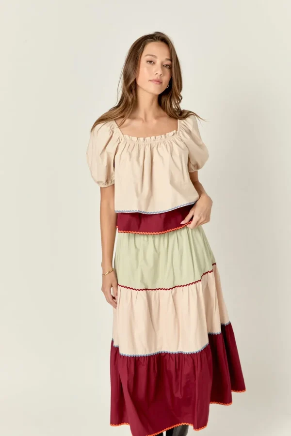 ENGLISH FACTORY Matching Sets | Tops*- Colorblock Rickrack Trim Puff Sleeve Top MULTI