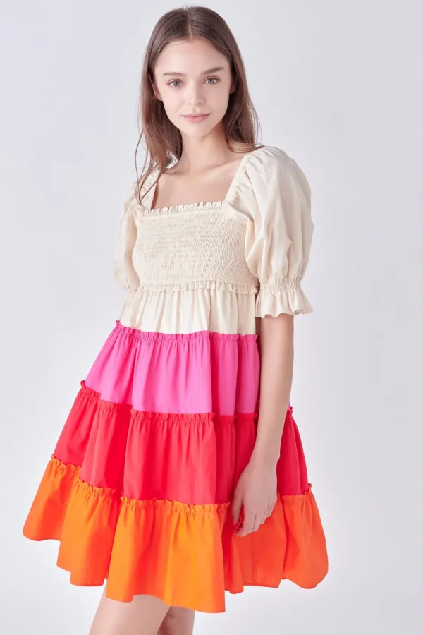 ENGLISH FACTORY Puff Sleeve | Tops*- Colorblock Smocked Puff Sleeve Mini MULTI