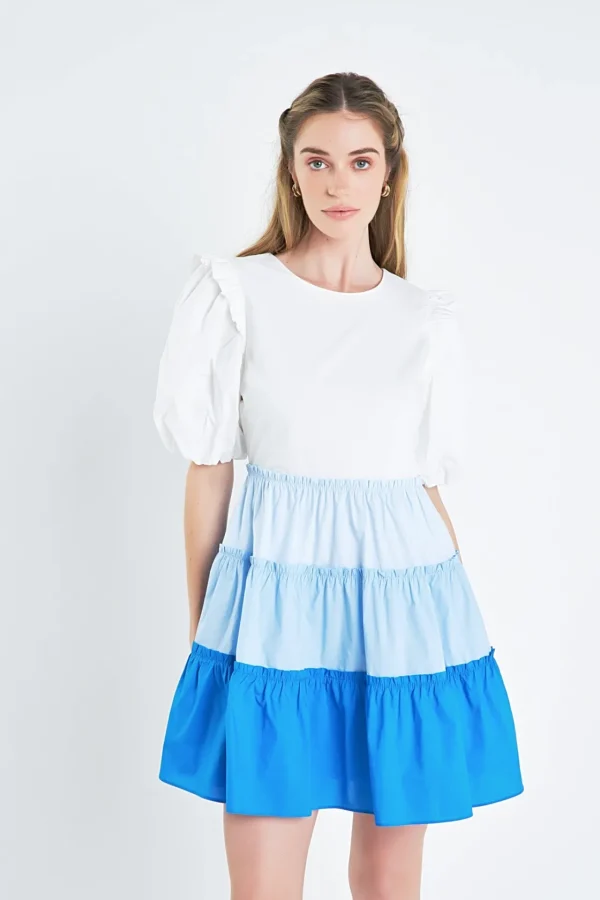 ENGLISH FACTORY Puff Sleeve | Tops*- Colorblock Multi Tiered Ruffled Mini Dress BLUE