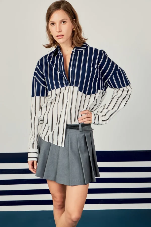 ENGLISH FACTORY Tops*- Colorblock Stripe Shirt NAVY/WHITE