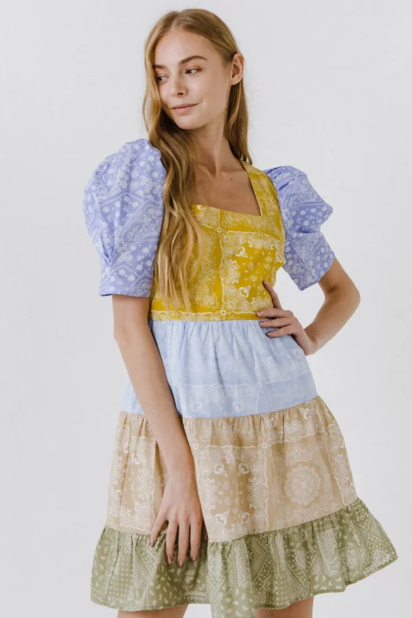 ENGLISH FACTORY Puff Sleeve | Tops*- Colorblock Paisley Mini Dress MULTI