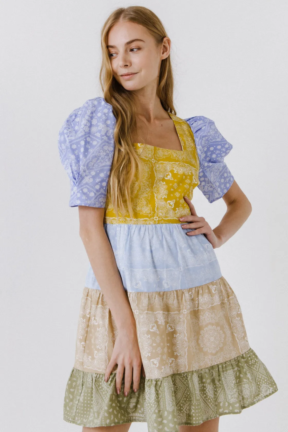 english_factory__colorblo_3-20.webp ENGLISH FACTORY Puff Sleeve | Tops*- Colorblock Paisley Mini Dress MULTI